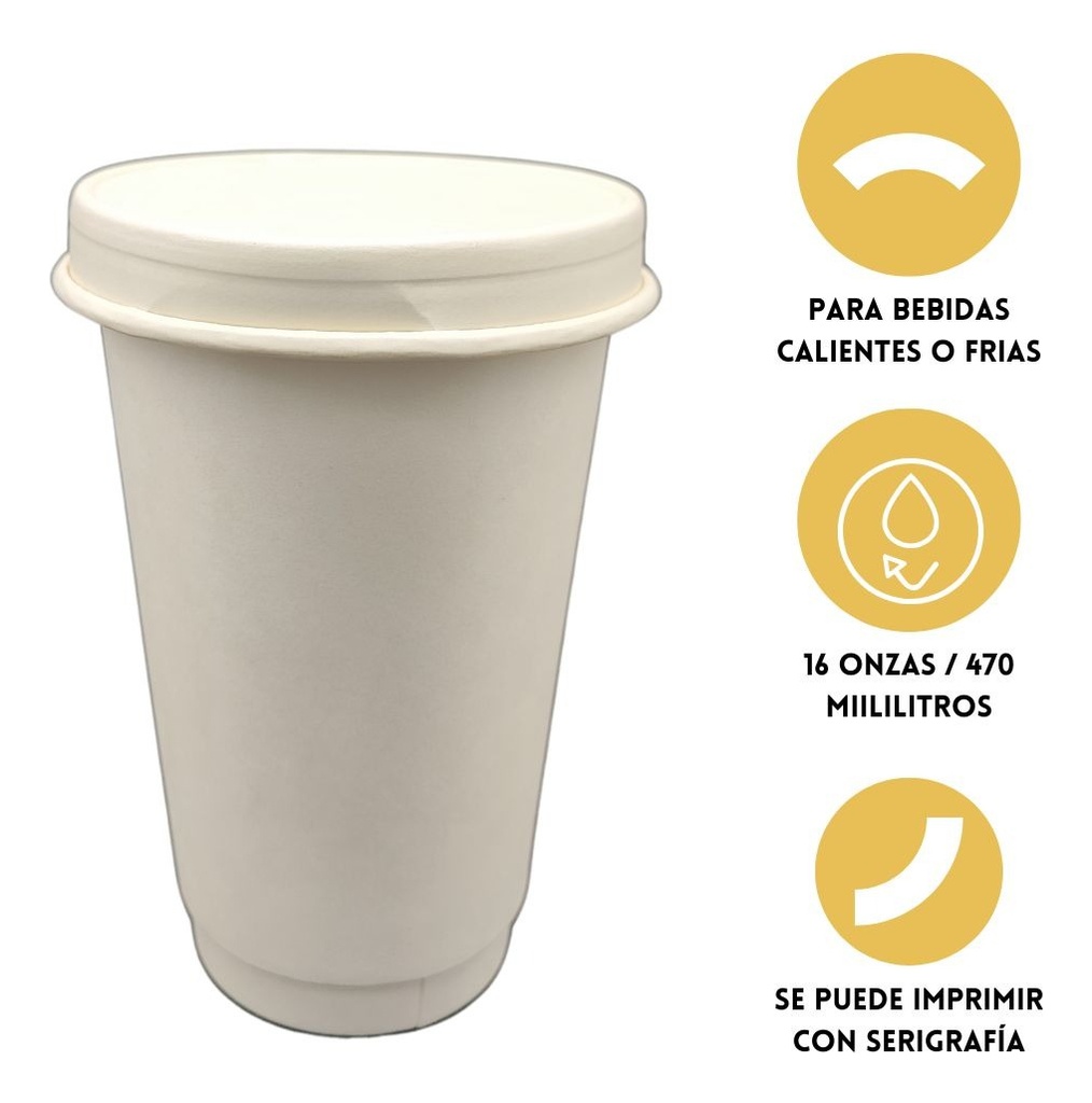 Vaso De Papel Beige 16 Oz / 470ml Con Tapa 400 Pz Doble Capa