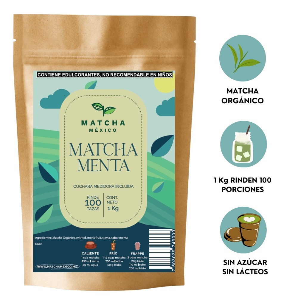 Matcha Con Menta 1 Kg Sin Azúcar Añadida Vegano Para Bebidas