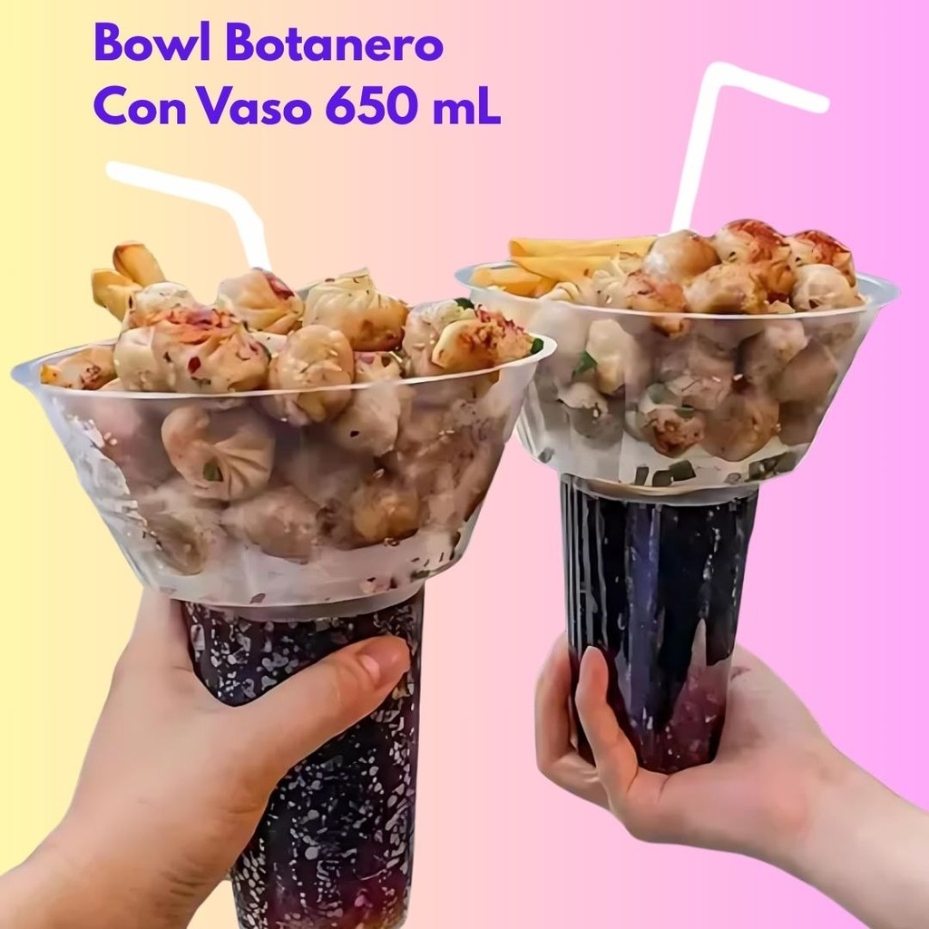 Vasos Con Bowl 200 Pzs Botanero Para Papas Y Resfresco 650ml Gris