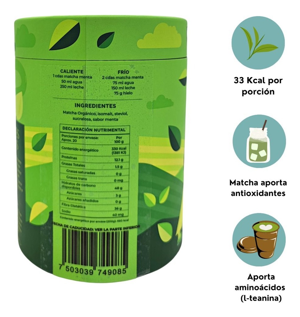 Matcha Con Menta - Sin Azúcar - Para Lattes Y Frappes